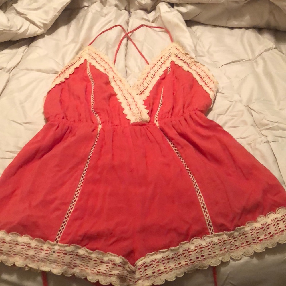Coral and cream lace romper